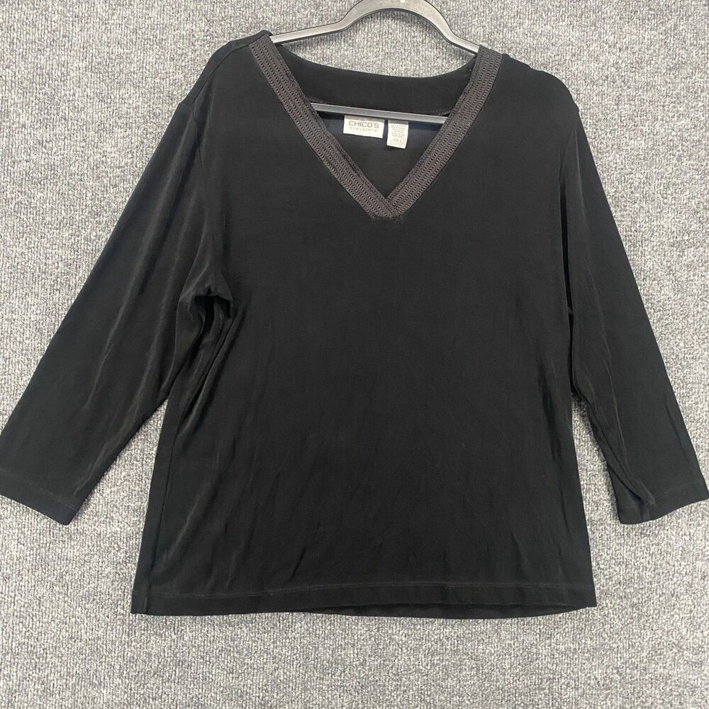 Chicos‎ Travelers Blouse Top 3 Womens XL Slinky Black V-Neck Lagenlook Ladies